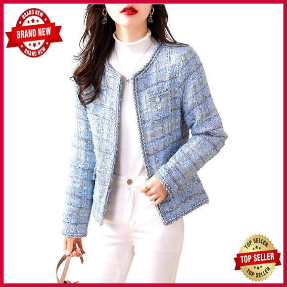 Slim Fit Tweed Blazer Open Front V-Neck Collarless Business Casual Jacket